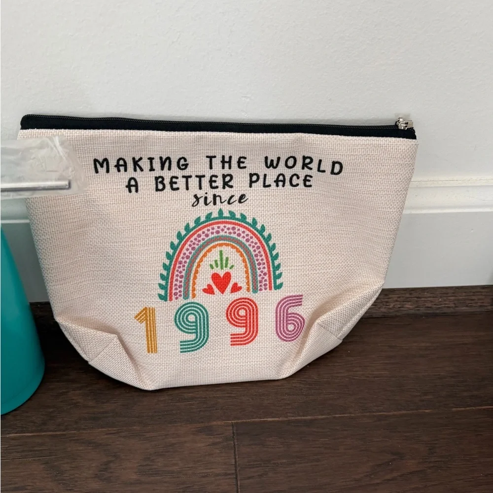 Canvas Cosmetic Pouch in Cream with Rainbow 1996 Print and Teal 1996 Travel Cup